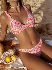 Swim Mod New Women Swimsuit Set, Random Floral Print Top With Thick Straps And Random Floral Print High Cut Bottoms For Summer Beach Vacation