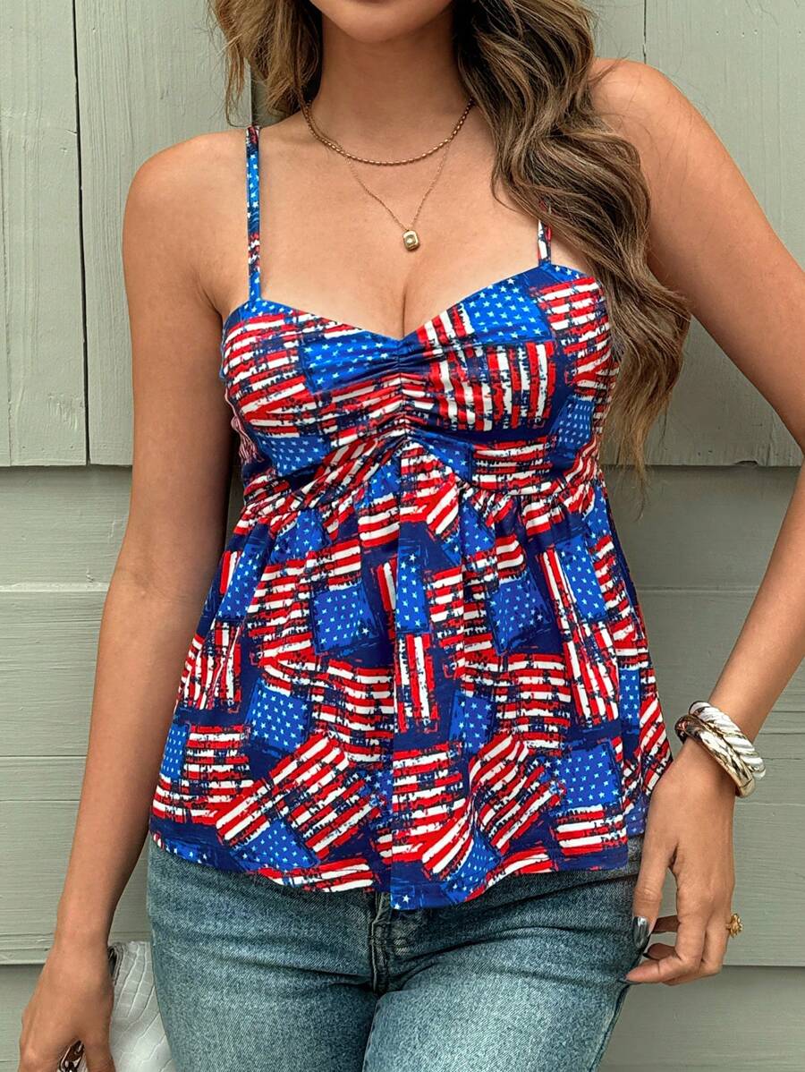 SHEIN Clasi 女士美国国旗印花紧身针织吊带背心，优雅日常穿着，春夏上衣 - 藍色 - 查看 1