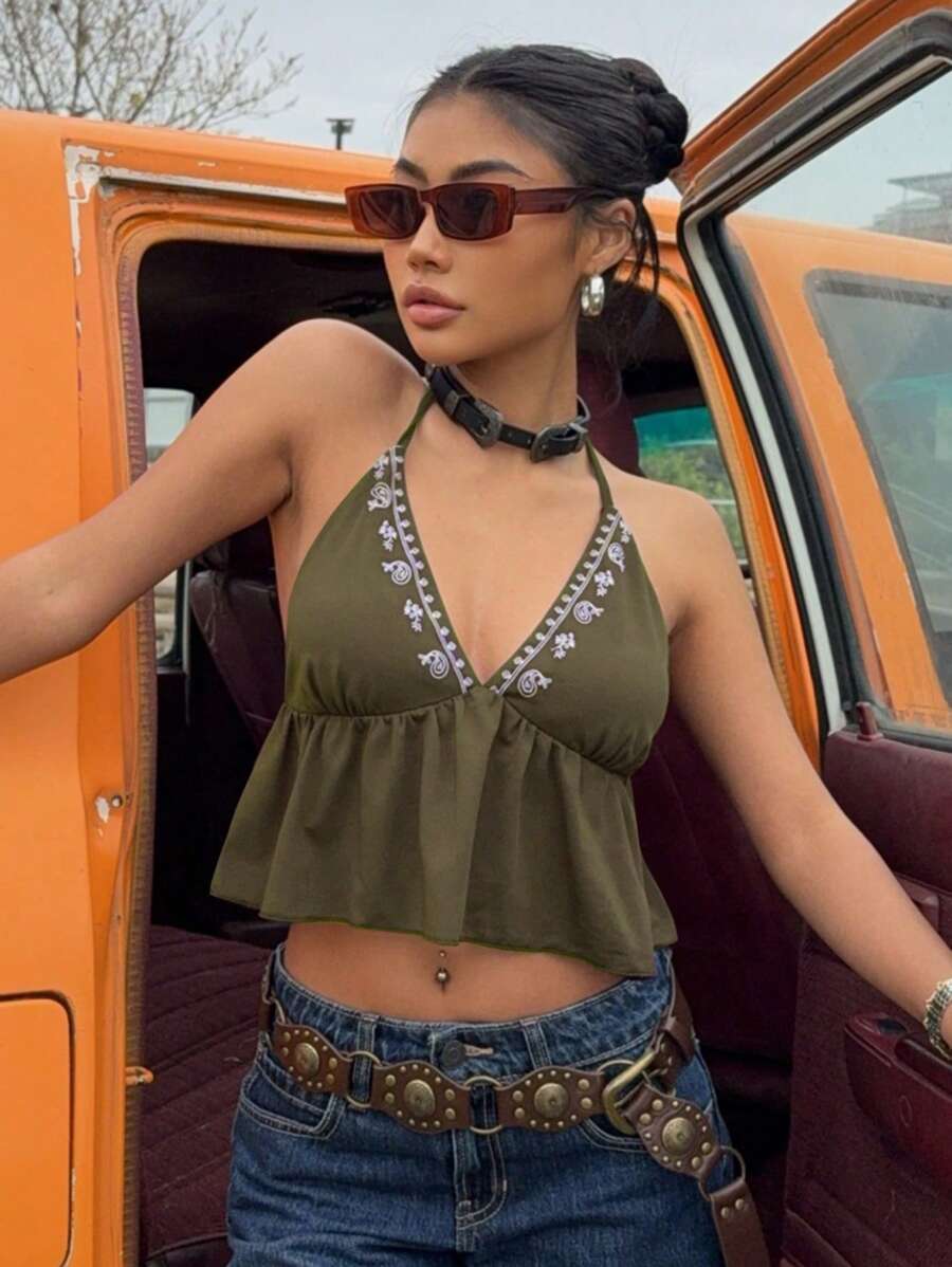 SHEIN EZwear 橄榄绿刺绣针织挂脖女上衣 - 軍綠色 - 查看 1