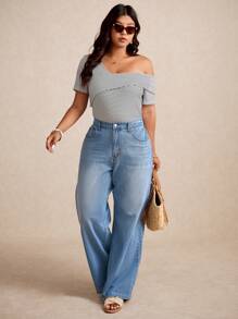 Elaquor 大码女式口袋宽松阔腿休闲百搭牛仔裤 - 淺色水洗藍 - 查看 3