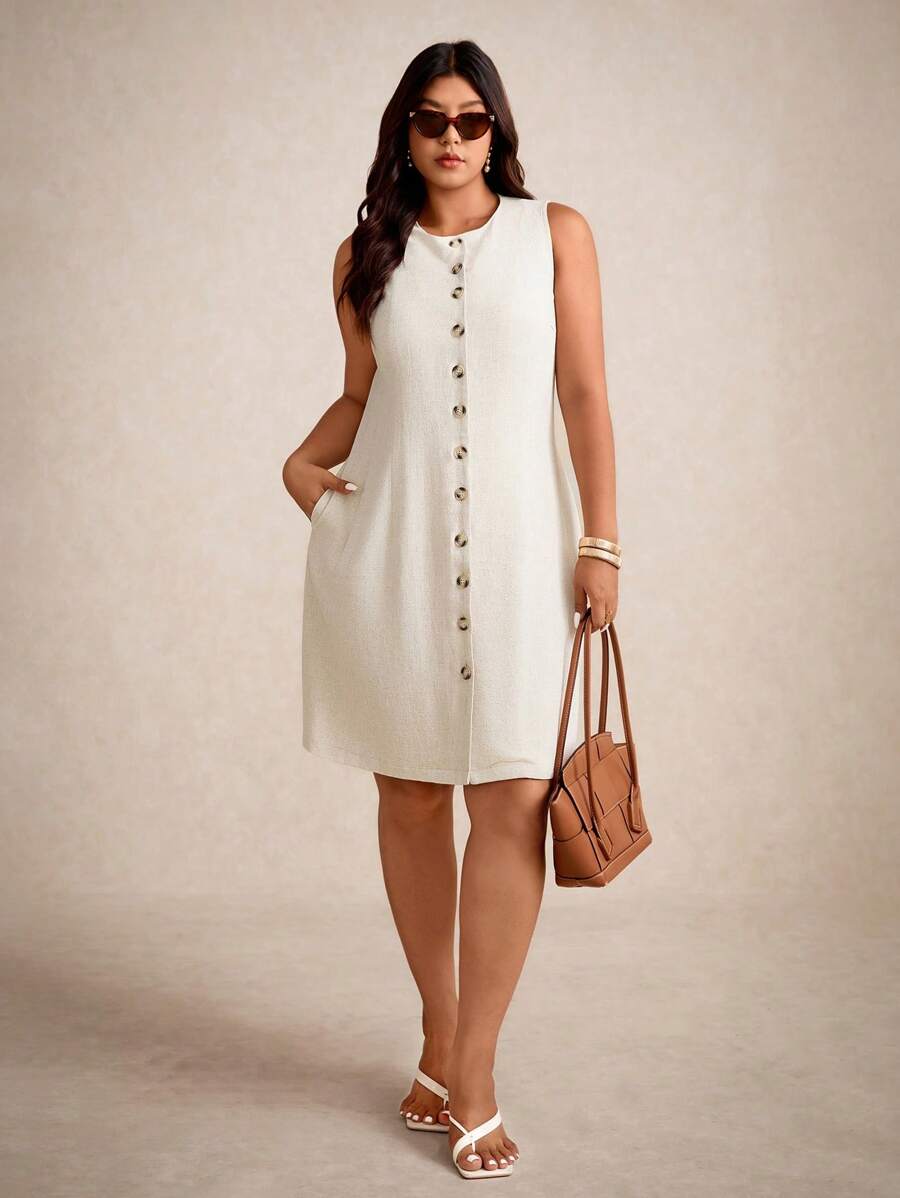 Elaquor Plus Size Casual Elegant Commute Sleeveless Button Round Neck A-Line Dress,Business Casual Woman - Apricot - View 1