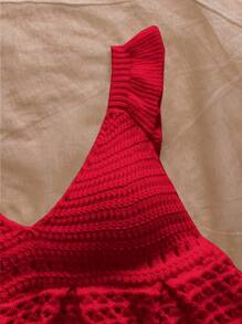 Soleia Women Solid Color Hollow Out Ruffle Hem & Cap Sleeve Knit Top,Going Out Top