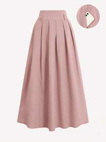 Flirla 加大码高腰褶皱休闲纯色日常黑色半身裙长裙 - 藕粉色 - 查看 1