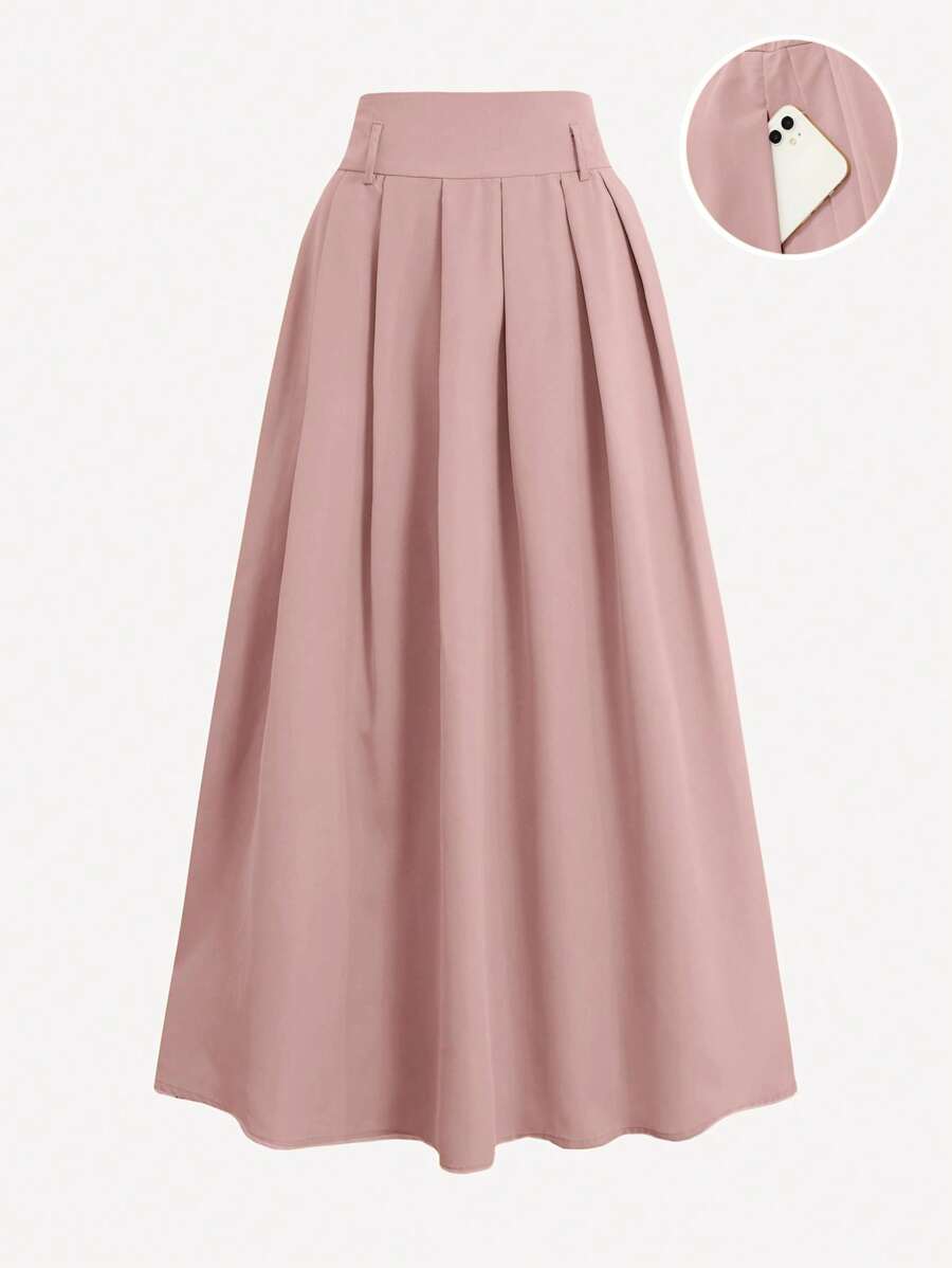 Flirla 加大码高腰褶皱休闲纯色日常黑色半身裙长裙 - 藕粉色 - 查看 1