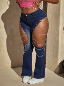 SHEIN ICON Plus Size Women's Blue Metal Chain Decor Hollow Summer Denim Jeans - Dark Wash - View 3