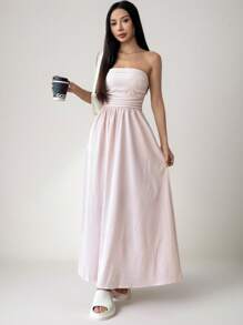 MainGRL Women Summer Striped Print Bandeau Sleeveless Dress Gown - Baby Pink - View 6