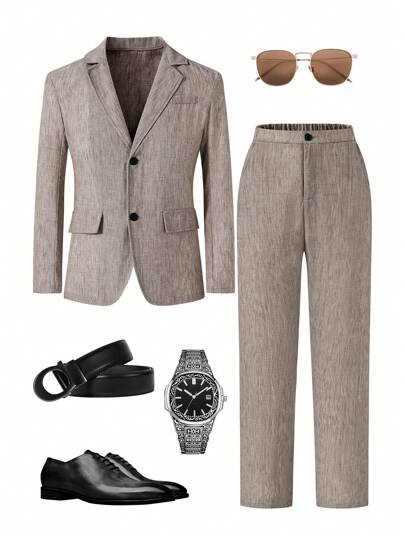 3pcs Teen Boy Gentleman Outfit Set: Casual Suit Jacket + Stand Collar Shirt + Long Pants Trousers, Elegant Outfit For Birthday, Party, Wedding, Graduation