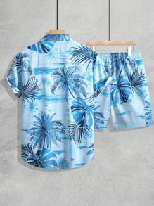 Manfinity RSRT Bộ áo sơ mi ngắn tay và quần short họa tiết lá chuối thường ngày dành cho nam, trang phục thoải mái khi đi nghỉ - Màu xanh lam - Xem 2