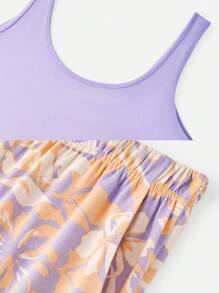 LUVLETTE 夏季柔软棉质基础款背心和印花长裤家居服透气睡衣套装，带口袋长裤，春夏七分裤两件套 - 淡紫色 - 查看 10