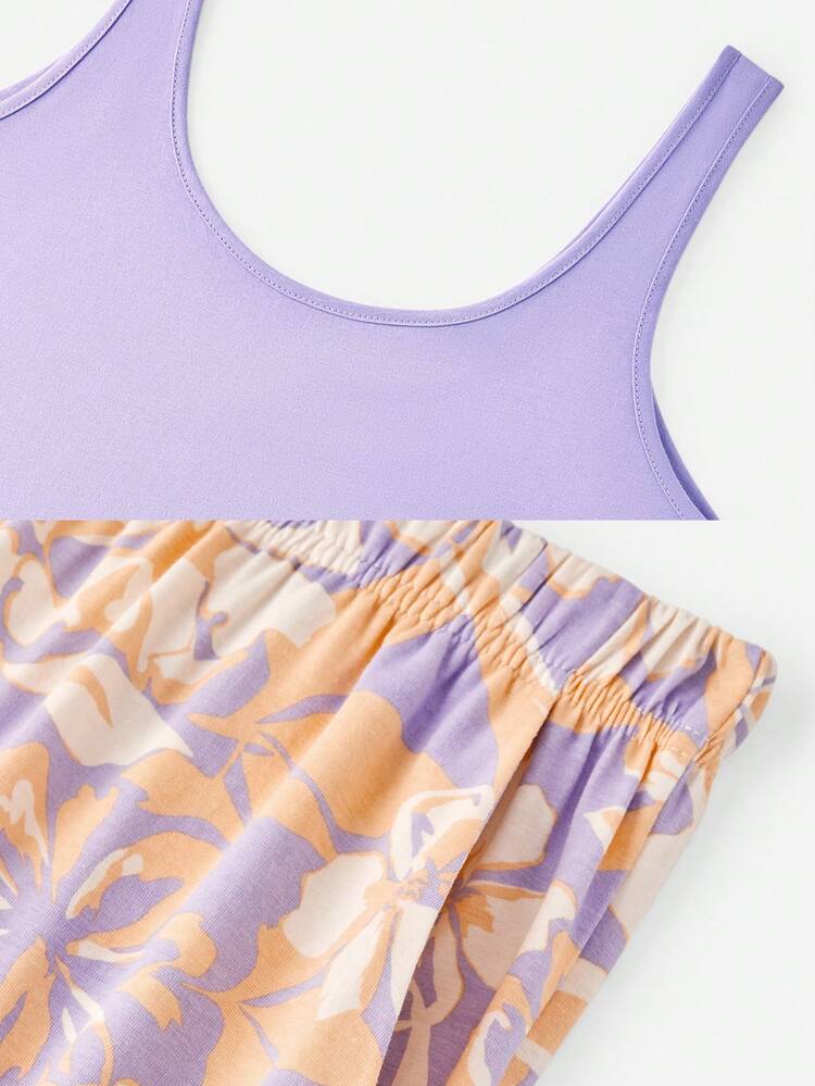 Soft Cotton Basic Tank Top & Patterned Pants Loungewear Pajama Set