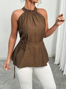 Elenzga Đầm sơ mi dệt kim tre vải lanh rộng rãi thoải mái, màu trơn, giản dị, tinh tế, dành cho nữ cỡ lớn, đi nghỉ và đi làm, kèm cà vạt và thắt lưng - màu nâu - Xem 3