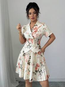 Selianne 印花短袖褶皱A字优雅浪漫女士套装