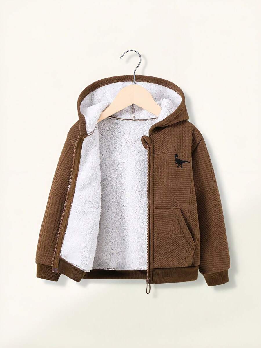 SHEIN Explorewe Chàng trai trẻ Giải trí Hình học Hoa Chất vải Khủng long thêu áo có mũ Dây kéo Lông cừu Áo chui đầu Đối với Mùa thu Và Mùa Đông - Cà phê nâu - Xem 1