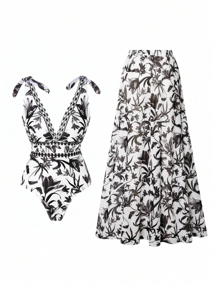 Swim Oasis New Arrival Black & White V-Neck Bow & Floral Print Swimsuit Skirt 2 Pieces Set With Mesh Skirt, Premium Beach Summer Outfit For Women - Black and White - View 1