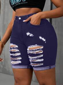 Slaydiva Plus Size Women Distressed Skinny Denim Cycling Pants - Purple - View 4