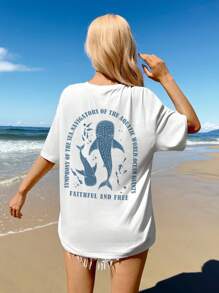 SHEIN EZwear Faithful And Free Oversized Loose Vacation Casual Ocean Whale Print T-Shirt, 50% Cotton Comfortable Fabric, Suitable For Summer Getaway - White - View 3