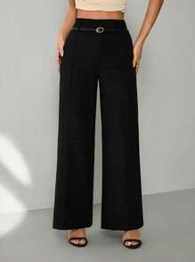 SHEIN PETITE 女款黑色牙签直筒裤（配腰带）,颜色,夏季裤子,女士西装裤,高腰裤,新年女装,度假装女装,商务休闲女装,办公室装女装,老钱风