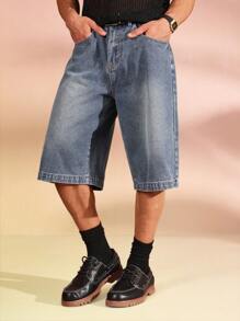 SUMWON 高腰阔腿牛仔短裤复古宽松溜冰风格百慕大长度宽松版型 Y2K 时尚春夏街头服饰 - 藍色 - 查看 4