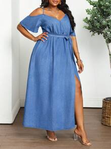 SHEIN Lady Plus Size Blue Denim Casual Long Dress Summer Summer Outfits For Women Vacation Outfits Women Cowgirl Outfits For Women Western Wear Women Business Casual Woman Festival Airport Outfit For Women Graduation Outfit Ibiza Outfit Beach Outfits Hawaii Outfits Women Concert Outfits For Women Cruise Outfits Women Boho Summer Dress Graduation Dresses For Women Vacation Dress Casual Dresses For Woman Western Dresses For Women Mother Day Dress Mother Day Outfit Happy Mother Day - Blue - View 4