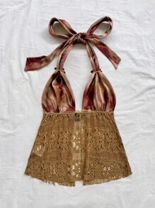 Soleia Parte superior sin mangas con cuello de halter, tejida en tela de malla calada con estampado retro de teñido anudado, con decoración de hebilla metálica y dobladillo en línea A, elegante y sexy para fiestas, citas, festivales, playa, verano