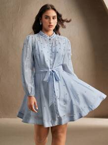 Anewsta Plus Size Women Rhinestone Decor Belted Cardigan Shirt Dress, Elegant & Versatile, Blue - Blue - View 4