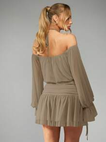 MISSGUIDED PLUS 加大码露背晚装迷你连衣裙褶饰腰部长袖雪纺宴会婚礼宾客高腰A字形宽松上衣 - 棕色 - 查看 2