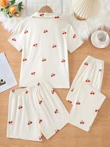 Tween Girls 3pcs Casual Loose Cherry Apricot Fruit Print Short Sleeve Tops, Shorts & Pants Soft Comfortable Pajama/Loungewear Set Back To School Fashion - Multicolor - View 2