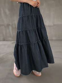 FRIFUL 女式弹力腰牛仔A字裙，带荷叶边下摆牛仔裙