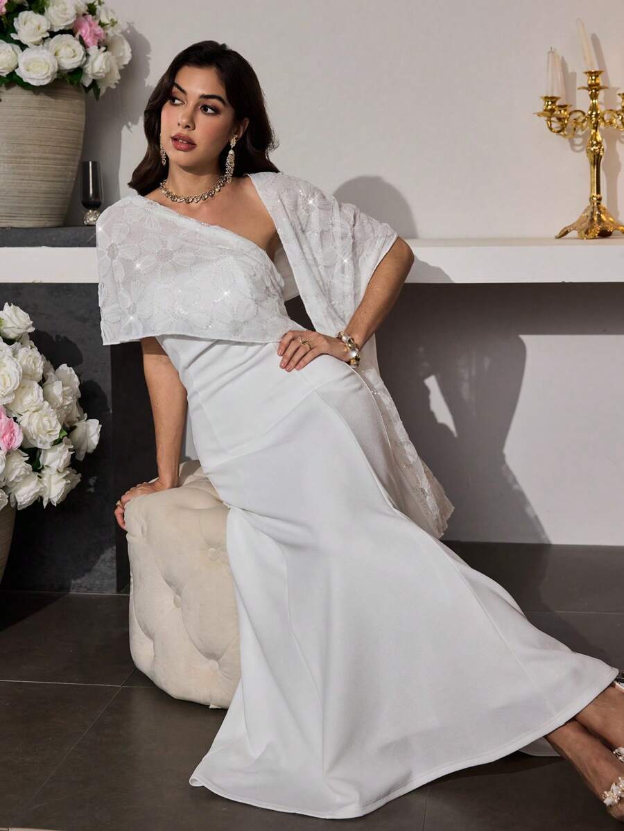 Modelyn Women's Long Elegant Sequined Embroidered Reversible Dress - White - View 1