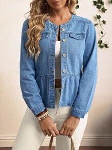 EMERY ROSE Women's Casual Everyday Washed Button-Front Ruffle Hem Denim Jacket - Blue - View 6