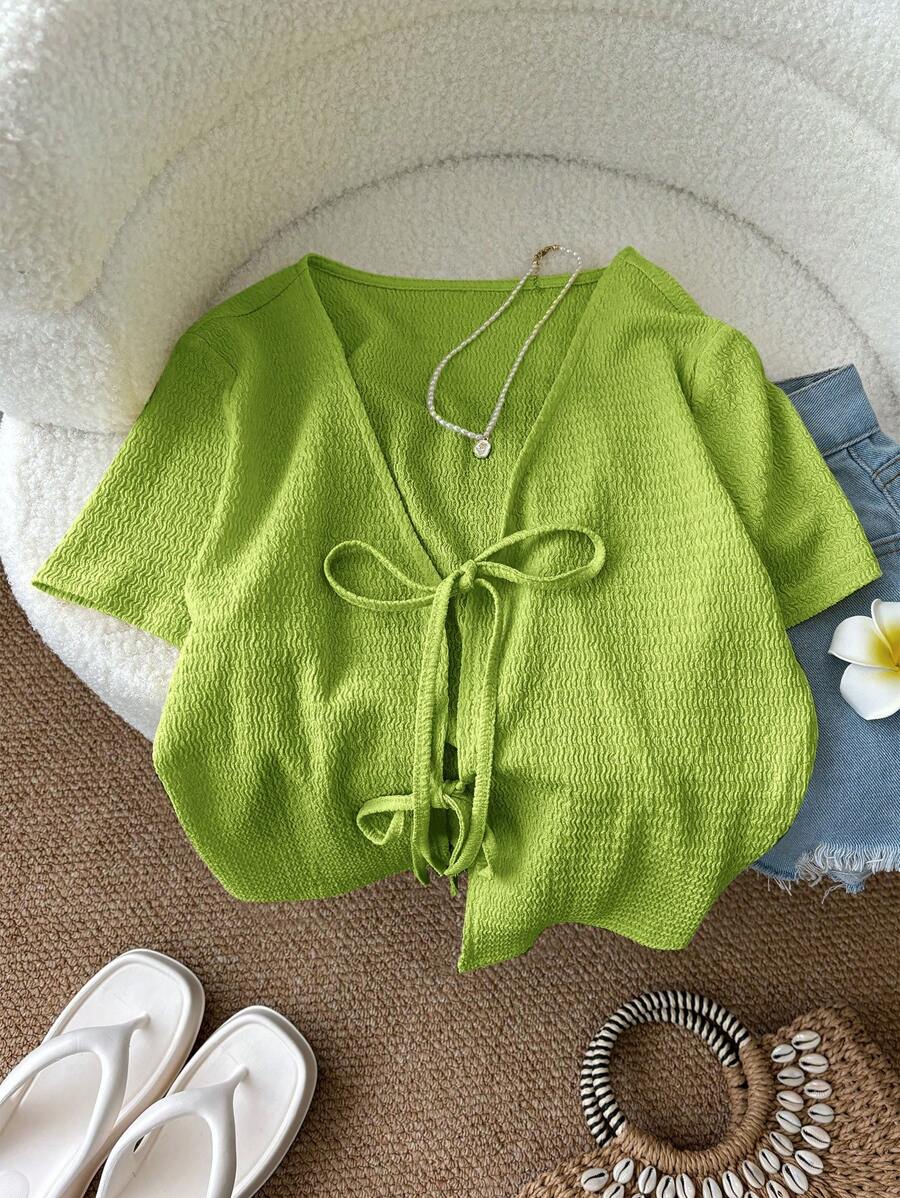 SHEIN LUNE 淡黄色系带针织女式上衣 T 恤，性感可爱休闲时尚 - 芥末黃 - 查看 1