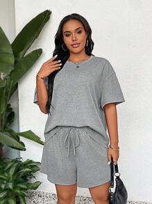 SHEIN LUNE Conjunto de camiseta y pantalones cortos cómodos y versátiles, conjunto de talla grande para concierto country, graduación, atuendo de verano para mujeres, atuendo para brunch, atuendo para el Día de la Madre, atuendo para la iglesia para mujeres - Gris - Ver 4