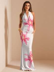 SHEIN BAE Casual All-Over Print Draped Neck Long Dress/Pink Ombre Dress/Island Vacation Dress/Resort Dress/Birthday Party Dress/Elegant Backless Dress For Women/Elegant Dresses For Party,Bodycon Dress Chic Dress - Multicolor - View 5