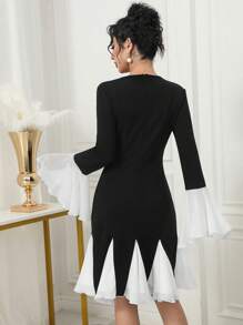 Modelyn Women's Contrast Color Bell Sleeve Mid-Length Dress - Black and White - View 3