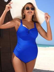 SHEIN Pregnant Women Solid Color Minimalist Everyday One-Piece Swimsuit For Summer Beach Vacation - Blue - View 1