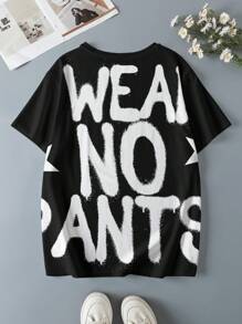 Cow and Chicken X SHEIN Camiseta de manga corta informal con estampado de dibujos animados y letras para tallas grandes - Blanco - Ver 2