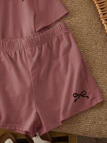 SHEIN Leap Crew 2pcs/Set Tween Girls' Casual Minimalist Style Short Sleeve Shorts Set, Suitable For Summer - Dusty Purple - View 5