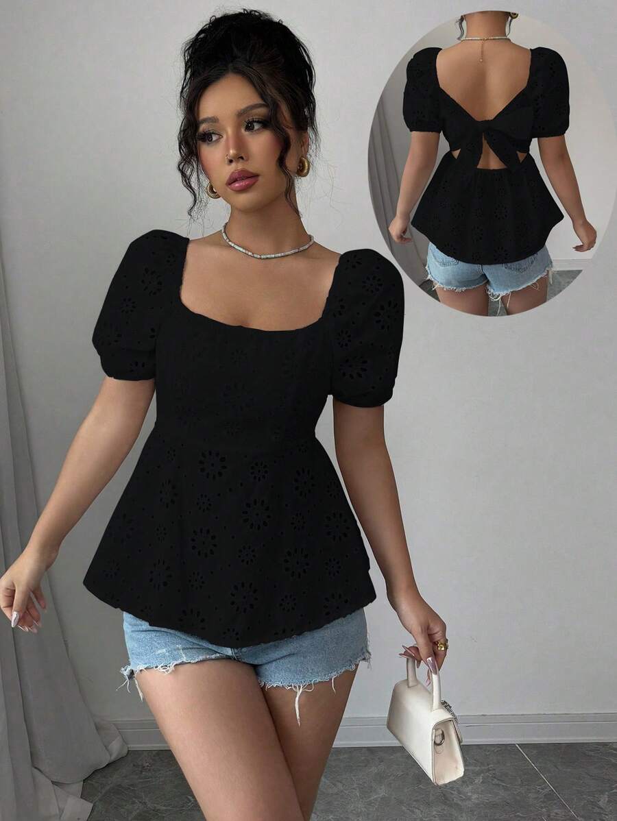 Rafferiza Áo sơ mi dài tay khoét lỗ màu trơn đơn giản mùa hè cho nữ - màu đen - Xem 1