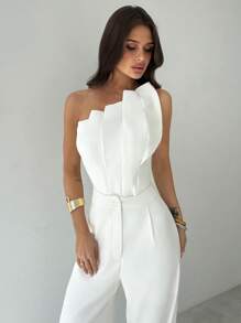 Firerie Nuevo body elegante y minimalista para primavera/verano con diseño asimétrico de plisados estructurales 3D, ajuste ceñido a la cintura, sin mangas, color blanco, adecuado para festivales de música, vuelta al colegio, vacaciones en la playa, fiestas totalmente blancas, vacaciones, maestros, graduación, fiestas totalmente blancas para mujeres, vuelta al colegio - Blanco - Ver 5