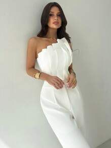Firerie Nuevo body elegante y minimalista para primavera/verano con diseño asimétrico de plisados estructurales 3D, ajuste ceñido a la cintura, sin mangas, color blanco, adecuado para festivales de música, vuelta al colegio, vacaciones en la playa, fiestas totalmente blancas, vacaciones, maestros, graduación, fiestas totalmente blancas para mujeres, vuelta al colegio - Blanco - Ver 3