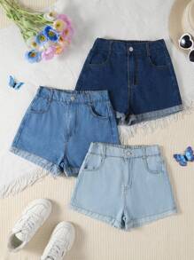 3 件套 Tween 女童 Y2K 风格宽松牛仔短裤，卷边下摆，复古浅蓝色/中蓝色/深蓝色水洗牛仔短裤，面料柔软舒适，休闲时尚