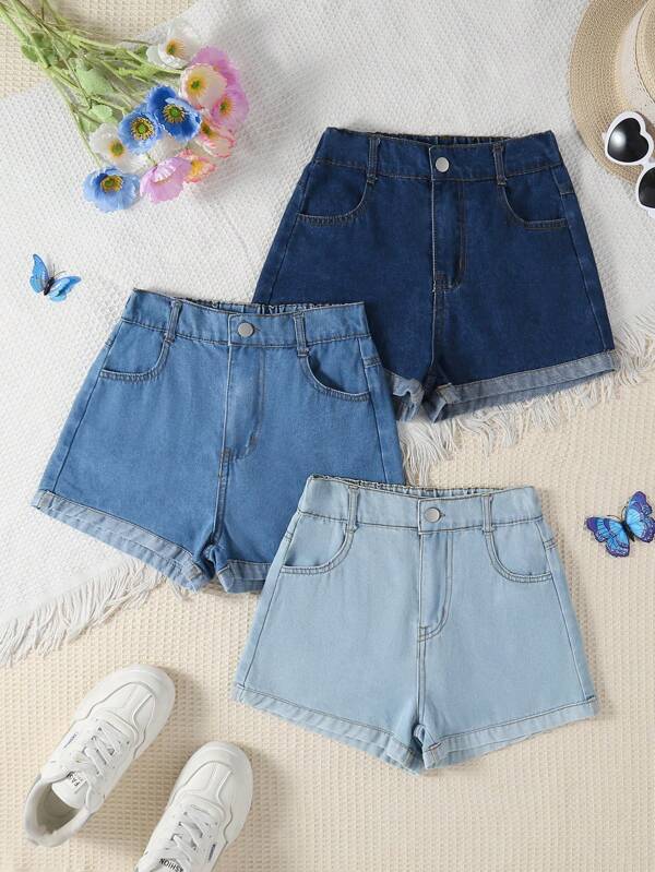 SHEIN WESTFADE Young Set de 3 pantalones cortos vaqueros de ajuste holgado en estilo Y2K para niñas preadolescentes, con dobladillo doblado, en azul claro/azul medio/azul oscuro desgastado, de tela suave y cómoda, casuales y de moda