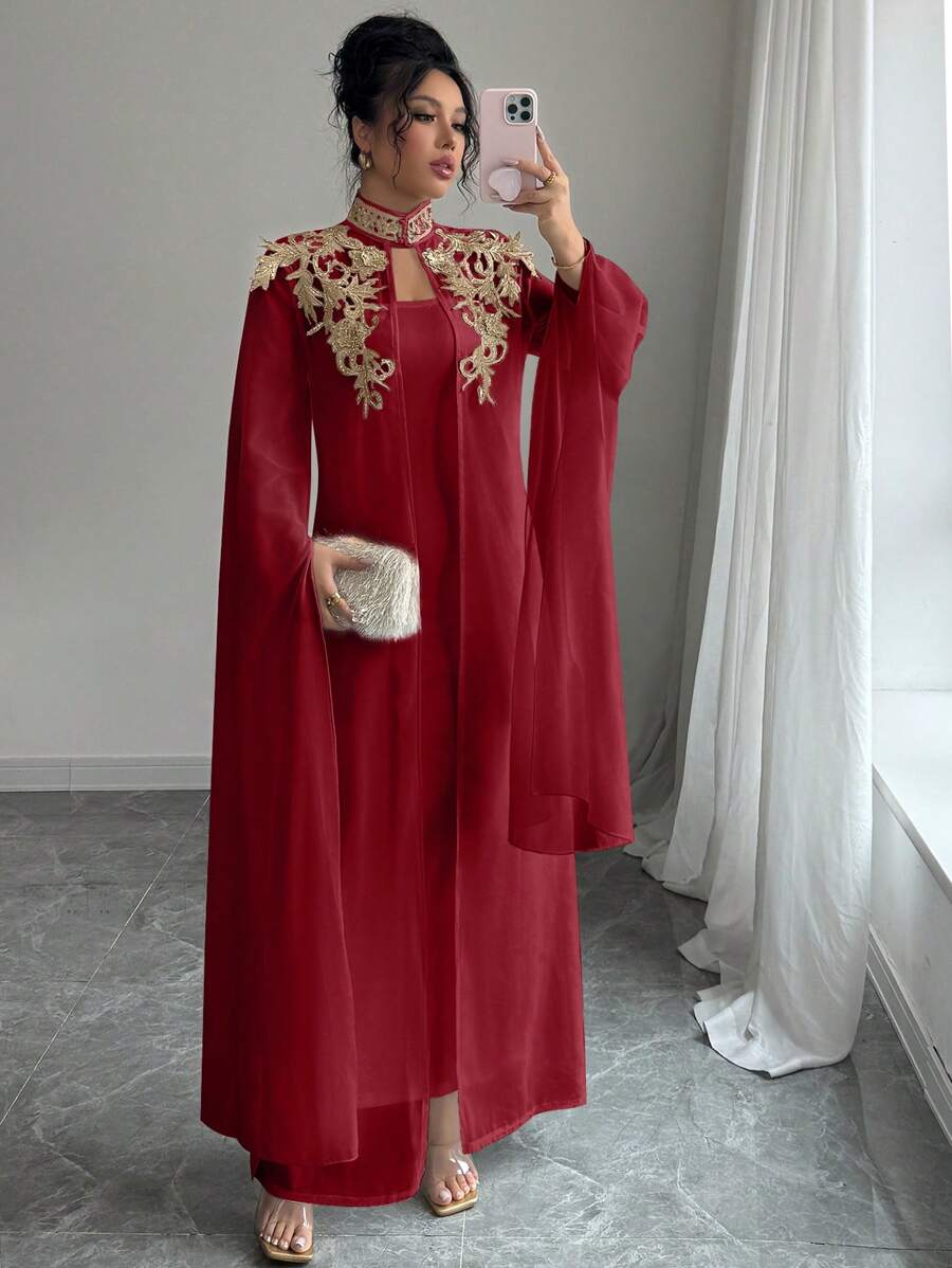 Selianne 2 Pieces Set Elegant Robe With Embellishment Decoration Robe And Dress - Red - View 1