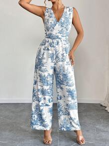 SHEIN Unity Plus Size Women Deep V Neck Sleeveless Printed Slim Fit Romper For Casual/Vacation - Blue and White - View 5