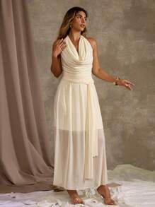 Flirla Plus Size Women Elegant Yellow Flounced Draped Neck Ruffle Tie-Waist Mesh Solid Color Dress - Apricot - View 6