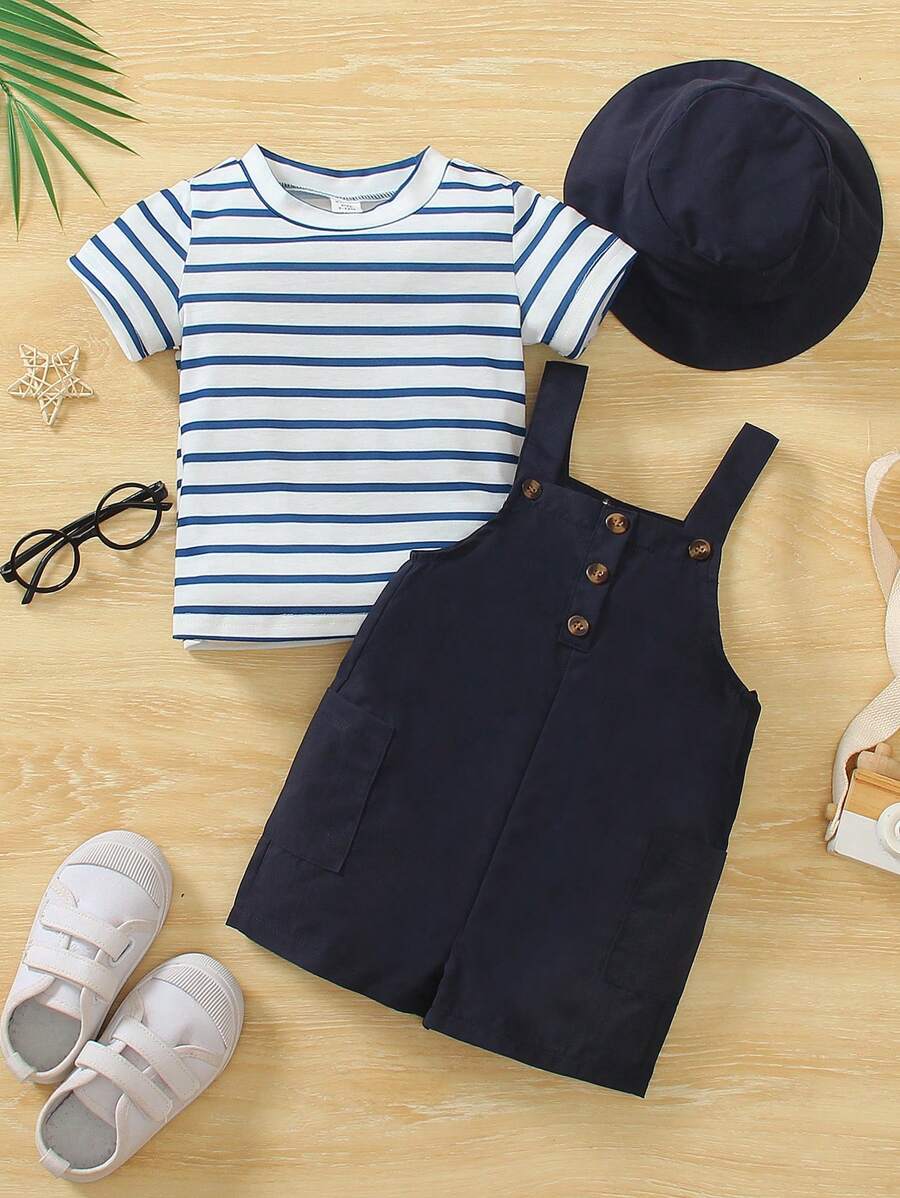 3pcs Set Baby Boys' Summer Striped Short Sleeve T-Shirt, Navy Blue Bib Shorts And Cap Outfit, Soft Casual Holiday Beach Clothing For Little Boys - White - View 1