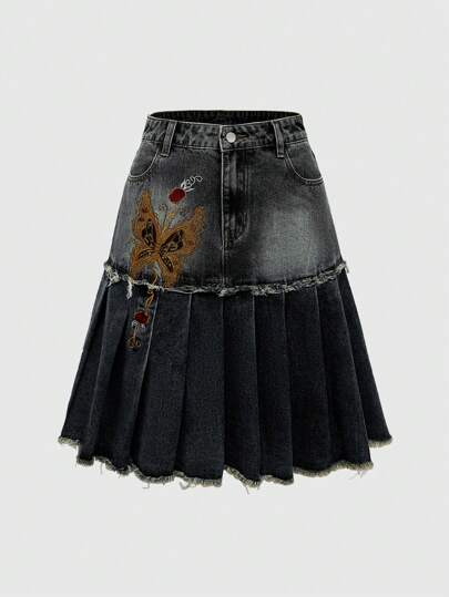 Hippie High Waisted Embroidered Vintage Denim Midi Skirt With Ruffle Hem, Unique Butterfly Sparkle Decor, Bohemian Style