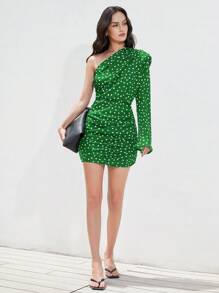 SHEIN Privé 法式经典圆点垫肩不对称褶饰下摆短款连衣裙，春季女士 - 綠色 - 查看 4