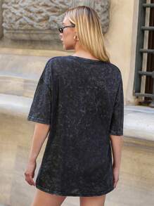 RueChic Tricou casual cu mânecă scurtă, culoare solidă, guler rotund, stil relaxare, croială lejeră, contrast frontal, sezonier, vintage, cu grafică, spălat cu acid