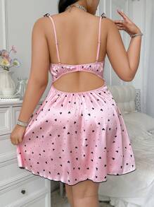 SHEIN 心形印花撞色网眼镂空加大码女式睡袍 - 粉色 - 查看 3